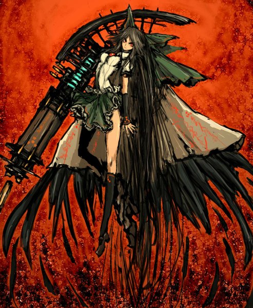 Anime picture 1152x1400 with touhou reiuji utsuho moto murabito (artist) single tall image black hair red eyes very long hair red background arm cannon girl bow weapon hair bow socks black socks