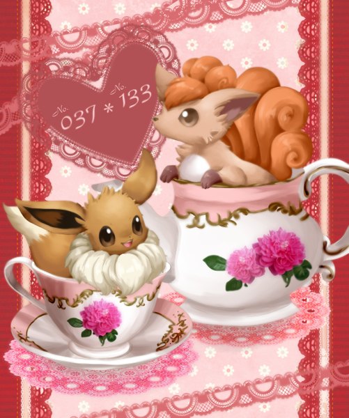 Anime picture 2152x2576 with pokemon nintendo eevee vulpix tall image highres pink background gen 1 pokemon animal heart cup pokemon (creature) teapot fox