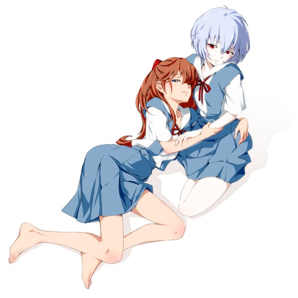 Anime picture 1500x1500 with neon genesis evangelion gainax soryu asuka langley ayanami rei aki (9aki) long hair blush fringe short hair blue eyes simple background red eyes brown hair white background sitting multiple girls blue hair lying barefoot hair over one eye