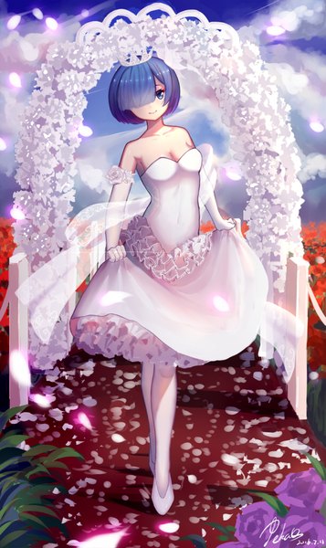 Anime picture 610x1024 with re:zero kara hajimeru isekai seikatsu white fox rem (re:zero) pkq single tall image looking at viewer fringe short hair breasts blue eyes smile standing bare shoulders holding signed blue hair sky cloud (clouds) blunt bangs