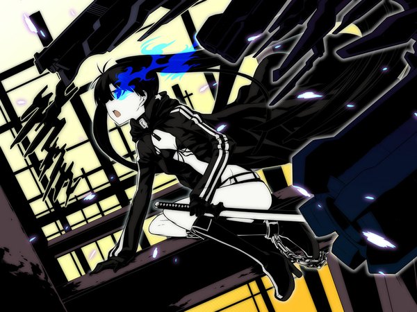 Anime picture 1024x768 with black rock shooter black rock shooter (character) makishima azusa single long hair blue eyes black hair twintails midriff flat chest girl sword shorts katana gun