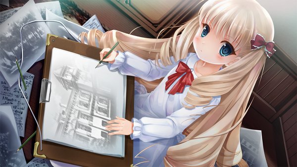 Anime picture 1025x576 with futagoza no paradox single long hair looking at viewer blush blue eyes blonde hair wide image game cg loli drill hair girl dress bow hair bow paper