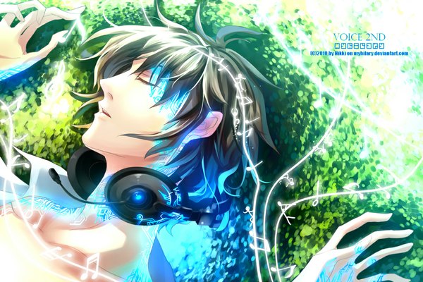 Anime picture 1024x683 with original myhilary single short hair open mouth eyes closed profile grey hair inscription light sleeping boy headphones musical note