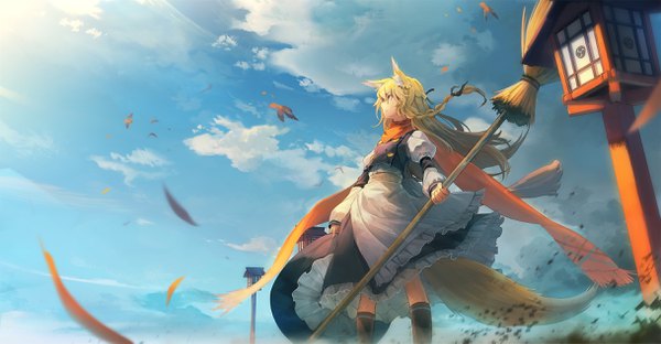 Anime picture 2436x1269 with touhou kirisame marisa eho (icbm) single long hair highres blonde hair wide image holding animal ears yellow eyes looking away cloud (clouds) tail braid (braids) long sleeves animal tail profile wind sunlight