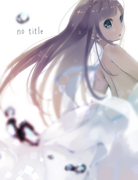 Anime picture 799x1043 with original haruno suzune single long hair tall image fringe open mouth blue eyes bare shoulders purple hair looking back from behind inscription text english girl dress white dress bubble (bubbles)