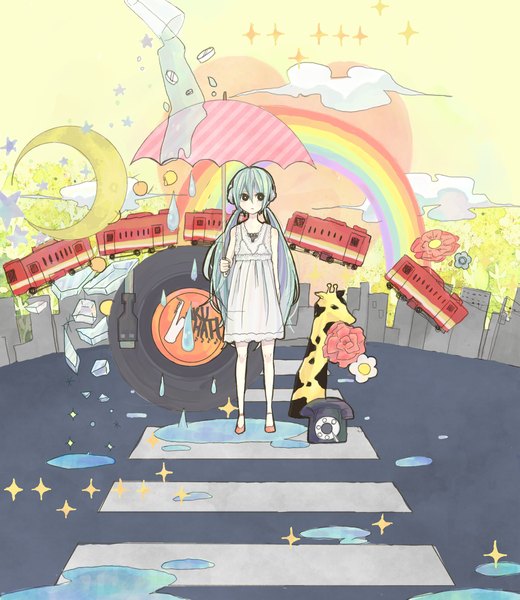 Anime picture 1500x1730 with vocaloid hatsune miku miya (48ne) single long hair tall image twintails cloud (clouds) aqua hair rain girl dress flower (flowers) animal water headphones star (symbol) moon umbrella phone