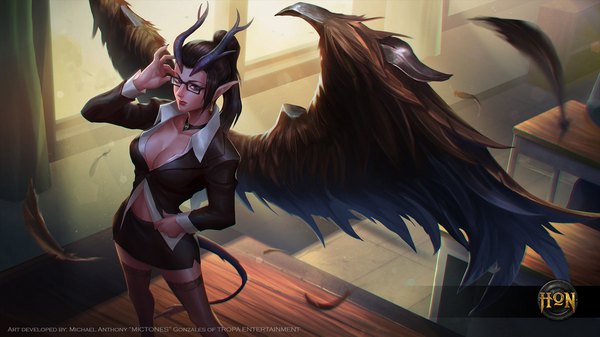 Anime picture 1920x1080 with heroes of newerth headmistress succubus mickyoko (mictones) single long hair highres breasts light erotic brown hair wide image signed cleavage ponytail indoors tail nail polish animal tail horn (horns) fingernails pointy ears