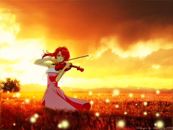 Anime picture 1600x1200 with la corda d'oro hino kahoko single long hair red eyes sky red hair light smile sleeveless evening sunset music girl dress fireflies violin bow (instrument)