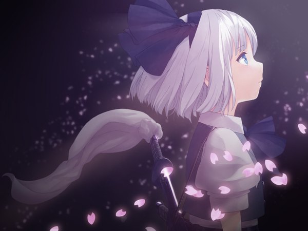 Anime picture 1440x1080 with touhou konpaku youmu nichiki single short hair blue eyes white hair profile dark background girl weapon petals sword hairband katana