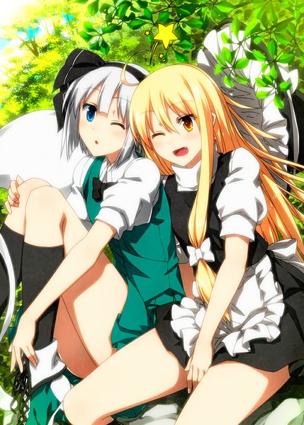 Anime picture 800x1119 with touhou kirisame marisa konpaku youmu sazanami mio long hair tall image fringe short hair open mouth blue eyes blonde hair hair between eyes sitting multiple girls yellow eyes white hair one eye closed wink girl dress