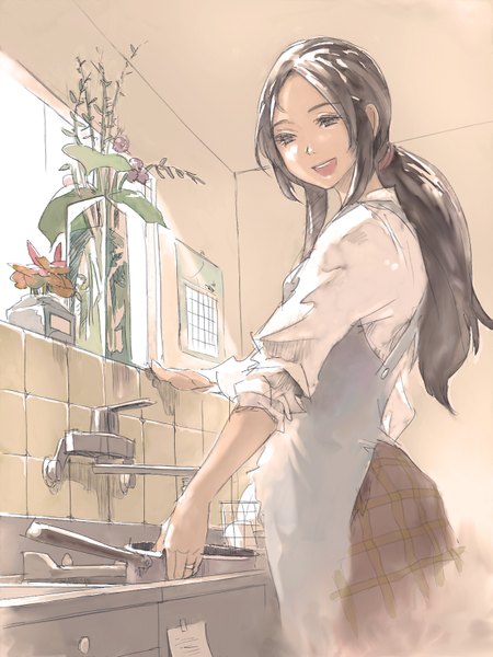 Anime picture 1200x1600 with tiger & bunny sunrise (studio) kaburagi tomoe pomodorosa single long hair tall image open mouth brown hair brown eyes ponytail twisty sleeves girl flower (flowers) plant (plants) apron ring