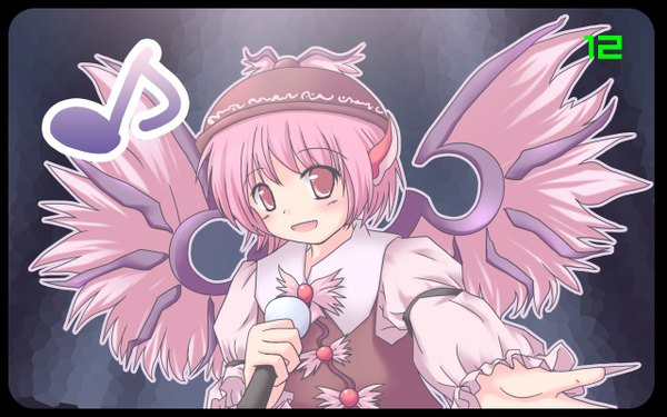 イラスト 1280x800 と 東方 ミスティア・ローレライ tagme (artist) 短い髪 開いた口 赤い目 wide image ピンク髪 grey background border 女の子 翼 マイク キャップ