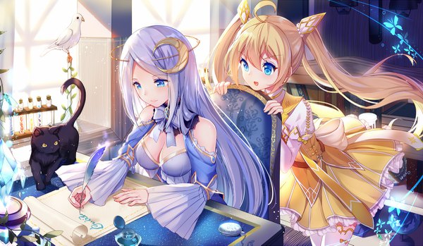 Anime picture 1200x699 with original bison cangshu long hair fringe open mouth blue eyes blonde hair smile hair between eyes wide image twintails bare shoulders multiple girls payot looking away silver hair ahoge indoors long sleeves puffy sleeves