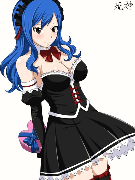 Anime picture 1536x2048 with fairy tail juvia lockser sophie4391 single long hair tall image simple background white background brown eyes blue hair maid coloring valentine girl thighhighs dress gloves black thighhighs black gloves elbow gloves