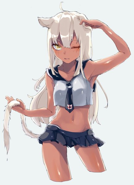 Anime picture 1751x2414 with original uni (melm) single long hair tall image looking at viewer blush fringe highres simple background standing holding animal ears yellow eyes silver hair ahoge tail animal tail pleated skirt one eye closed