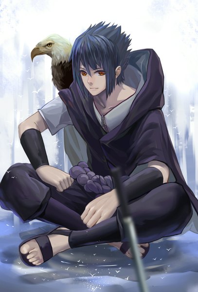 Anime picture 932x1372 with naruto studio pierrot naruto (series) uchiha sasuke gu-ko citemer tall image looking at viewer fringe short hair sitting brown eyes blue hair spiked hair boy weapon animal sword bird (birds) katana cloak