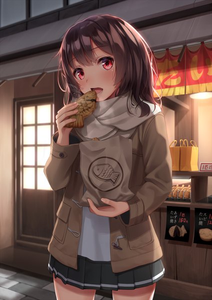 Anime picture 900x1272 with original superpig (wlstjqdla) single tall image looking at viewer blush fringe short hair open mouth red eyes brown hair outdoors open jacket eating girl food jacket sweets scarf coat