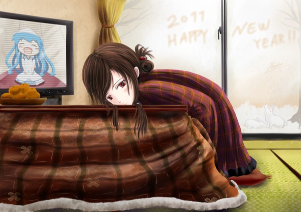 Anime picture 3541x2507 with original harimu ohagi blush highres short hair red eyes brown hair sitting absurdres girl television