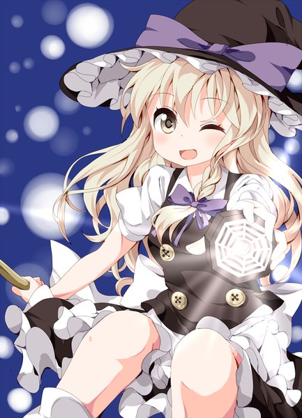 Anime picture 722x1000 with touhou kirisame marisa ruu (tksymkw) single long hair tall image looking at viewer blush fringe open mouth blonde hair sitting yellow eyes braid (braids) one eye closed wink outstretched arm magic side braid girl
