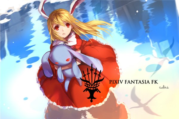 Anime picture 1275x850 with original pixiv fantasia pixiv fantasia fallen kings swd3e2 single long hair looking at viewer blonde hair red eyes signed animal ears bunny ears reflection looking up logo girl dress water dragon