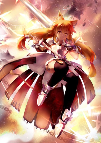 Anime picture 3507x4960 with original mochigome (fatelly) single long hair tall image looking at viewer fringe highres smile hair between eyes twintails holding animal ears absurdres full body bent knee (knees) orange hair orange eyes zettai ryouiki fox ears