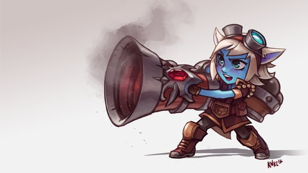 Anime picture 1920x1080 with league of legends tristana (league of legends) knockwurst single highres short hair blue eyes simple background wide image animal ears parted lips grey hair grey background blue skin girl weapon boots gun goggles clothes