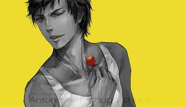 Anime picture 1106x635 with axis powers hetalia studio deen spain (hetalia) dl01 (artist) short hair black hair simple background wide image one eye closed wink yellow background product placement boy lollipop