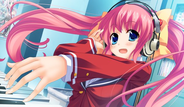 Anime picture 1024x600 with houkago eroge bu! harusaki hinako long hair blush open mouth blue eyes wide image twintails pink hair game cg girl uniform bow hair bow school uniform headphones