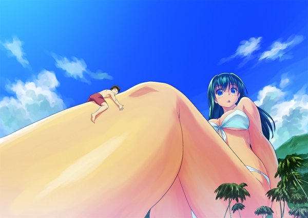 Anime picture 1000x708 with teston single long hair blush open mouth blue eyes light erotic bare shoulders blue hair sky cleavage cloud (clouds) bare belly bare legs :o legs mountain giant girl boy