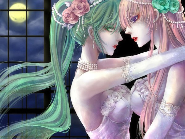 Anime picture 1200x900 with vocaloid hatsune miku megurine luka long hair twintails purple eyes bare shoulders multiple girls green eyes pink hair cloud (clouds) profile hair flower green hair night night sky couple hug lipstick shoujo ai