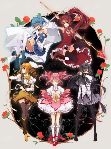 Anime picture 2139x2860 with mahou shoujo madoka magica shaft (studio) akemi homura kaname madoka sakura kyouko miki sayaka tomoe mami naoto (tulip) long hair tall image blush highres blue eyes black hair blonde hair red eyes twintails purple eyes bare shoulders multiple girls