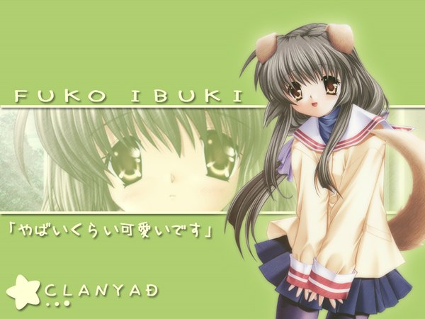 Anime picture 1024x768 with clannad key (studio) ibuki fuuko hinoue itaru single long hair looking at viewer open mouth brown eyes animal ears tail :d animal tail pleated skirt grey hair copyright name character names sleeves past wrists third-party edit kemonomimi mode