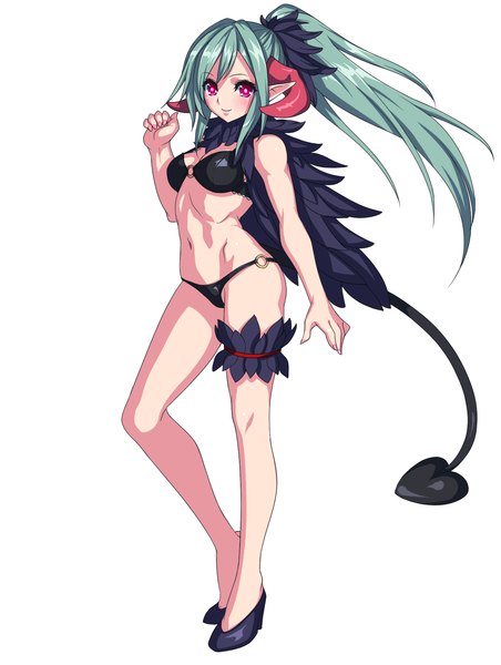 Anime picture 1280x1700 with original bochi (pixiv id392759) single long hair tall image blush fringe light erotic simple background smile standing white background bent knee (knees) ponytail tail pink eyes horn (horns) green hair light smile pointy ears