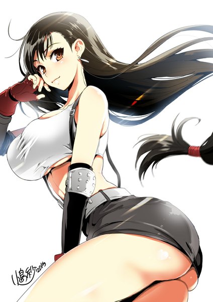 Anime picture 600x849 with final fantasy final fantasy vii square enix tifa lockhart kojima saya single long hair tall image looking at viewer breasts light erotic black hair simple background smile large breasts white background bare shoulders brown eyes ass blurry