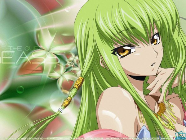 Anime picture 1280x960 with code geass sunrise (studio) c.c. single long hair looking at viewer fringe bare shoulders yellow eyes green hair girl