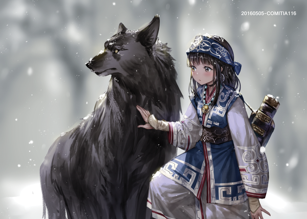 Anime-Bild 1200x858 mit original irua single long hair blush black hair brown eyes looking away blurry depth of field snowing winter girl earrings animal wolf
