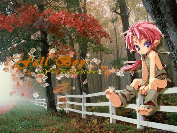 Anime picture 1280x960 with tagme (character) haga yui single long hair looking at viewer fringe sitting purple eyes bare shoulders pink hair full body bent knee (knees) outdoors barefoot horn (horns) pointy ears soles elf photo background girl
