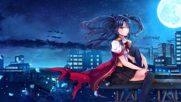 Anime picture 1920x1080 with fate (series) fate/stay night type-moon toosaka rin l.bou single long hair looking at viewer blush highres blue eyes black hair wide image sitting twintails night night sky city revision girl