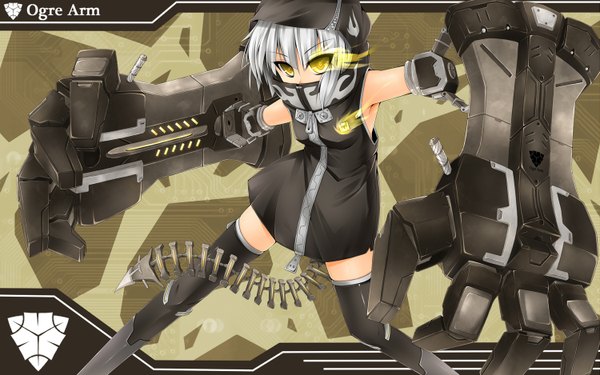 Anime picture 1500x938 with black rock shooter strength (black rock shooter) single short hair wide image yellow eyes white hair tail glowing glowing eye (eyes) mechanical parts girl thighhighs weapon black thighhighs armor gauntlets