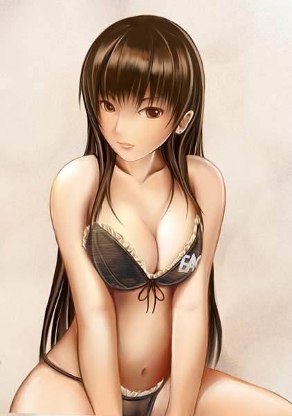 Anime picture 704x1000 with dead or alive lei fang nannacy7 single long hair tall image looking at viewer breasts light erotic simple background brown hair brown eyes underwear only girl navel underwear panties lingerie bra black panties