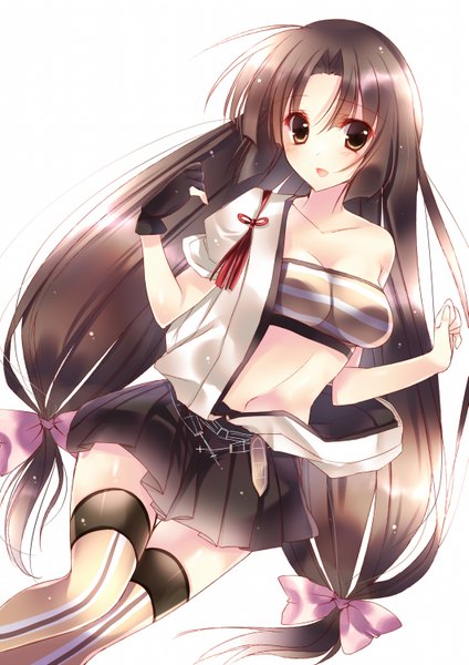 Anime picture 1061x1500 with kantai collection shouhou light aircraft carrier amane ruri single tall image looking at viewer blush breasts light erotic black hair simple background smile white background brown eyes very long hair bare belly girl thighhighs skirt navel