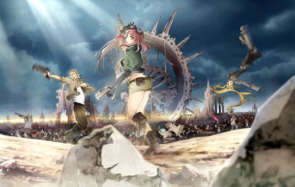 Anime picture 2135x1354 with original conone looking at viewer highres short hair blonde hair twintails looking away pink hair sky cloud (clouds) very long hair sunlight blurry grey eyes jumping sunbeam goggles on head army spinning