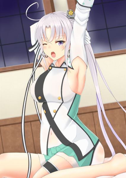 Anime picture 800x1129 with kantai collection akitsushima seaplane tender zukky single long hair tall image looking at viewer blush fringe breasts open mouth light erotic hair between eyes sitting purple eyes silver hair ahoge indoors pleated skirt one eye closed