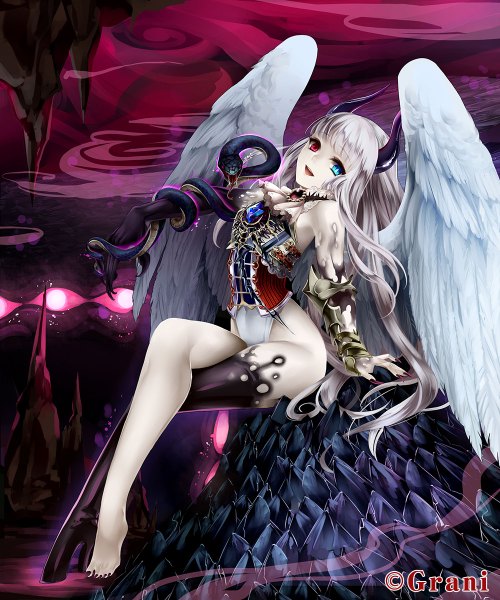 Anime picture 1000x1200 with original toi (4089597) single long hair tall image open mouth sitting silver hair horn (horns) heterochromia angel wings girl animal wings armor snake