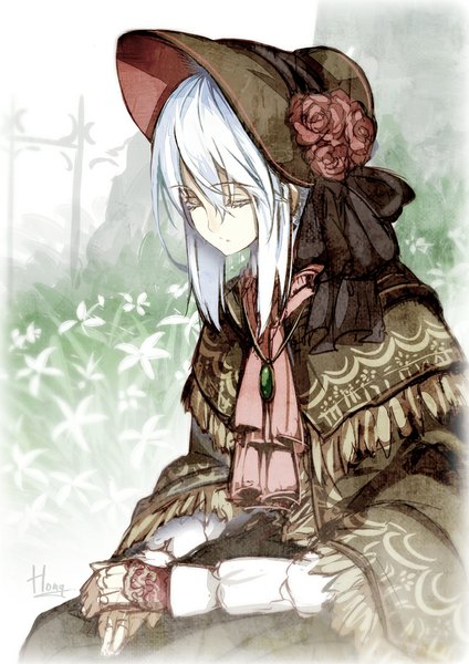 Anime picture 707x1000 with bloodborne from software plain doll hong (white spider) single long hair tall image fringe silver hair eyes closed sleeping girl flower (flowers) headdress pendant clothes