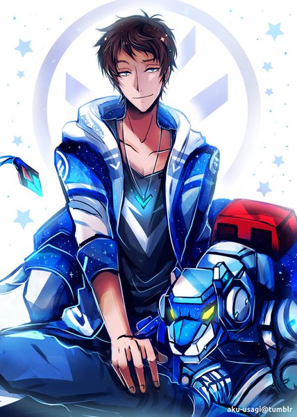 Anime picture 600x840 with voltron: legendary defender hyakujuu-ou golion lance (voltron) ao-jishi evil-usagi single tall image short hair blue eyes smile brown hair sitting signed open jacket crossed legs glowing glowing eye (eyes) twisty sleeves smirk boy