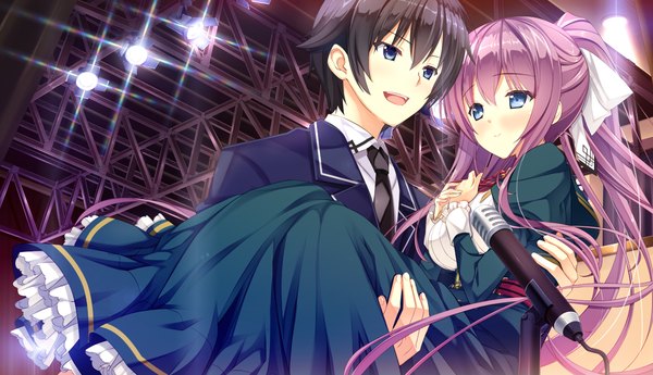 Anime picture 1320x760 with primal x hearts komagata yuzuki long hair blush short hair open mouth blue eyes black hair smile wide image game cg purple hair couple carrying princess carry girl dress boy uniform bow