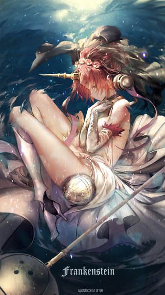 Anime picture 1080x1920 with fate (series) fate/apocrypha frankenstein's monster (fate) sa'yuki single tall image short hair light erotic bare shoulders signed yellow eyes pink hair profile horn (horns) character names underwater girl gloves elbow gloves white gloves