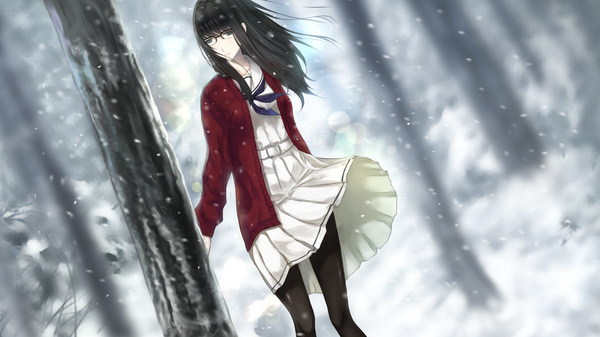Anime picture 1362x767 with original inneanis single long hair blue eyes black hair wide image wind snowing winter girl dress plant (plants) pantyhose tree (trees) glasses