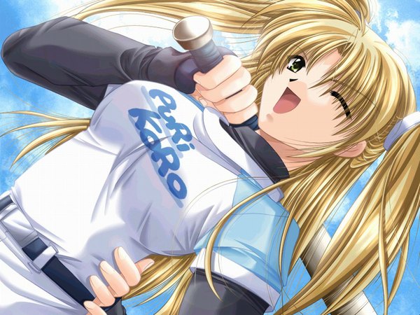 Anime picture 1024x768 with yamamoto kazue blonde hair twintails game cg one eye closed wink dutch angle baseball baseball bat baseball uniform